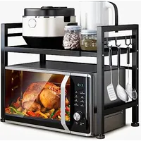 LUHWYJA Soporte Extensible para Horno de Microondas, Estante Ajustable, Rejilla para encimera de Cocina Organizador Estanteria Mueble con 6 Ganchos (2 Niveles, Negro)