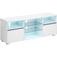 VASAGLE Mueble TV con Luces LED, Mesa de TV Moderna para Televisión hasta 70 Pulgadas, Estantes de Vidrio Abiertos, 2 Compartimentos con Puertas, 160 cm, Salón, Dormitorio, Blanco LTV331T10
