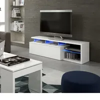 VASAGLE Mueble TV con Luces LED, Mesa de TV Moderna para Televisión hasta 70 Pulgadas, Estantes de Vidrio Abiertos, 2 Compartimentos con Puertas, 160 cm, Salón, Dormitorio, Blanco LTV331T10