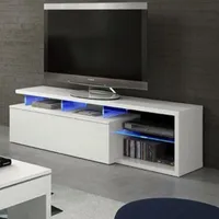 VASAGLE Mueble TV con Luces LED, Mesa de TV Moderna para Televisión hasta 70 Pulgadas, Estantes de Vidrio Abiertos, 2 Compartimentos con Puertas, 160 cm, Salón, Dormitorio, Blanco LTV331T10