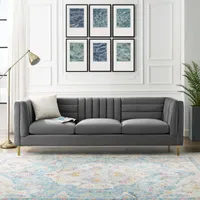 Sofá 3 plazas de estilo nórdico de tela efecto aterciopelado gris claro y madera ENIS