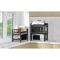 LUHWYJA Soporte Extensible para Horno de Microondas, Estante Ajustable, Rejilla para encimera de Cocina Organizador Estanteria Mueble con 6 Ganchos (2 Niveles, Negro)