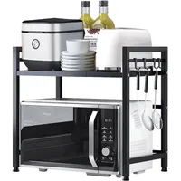 LUHWYJA Soporte Extensible para Horno de Microondas, Estante Ajustable, Rejilla para encimera de Cocina Organizador Estanteria Mueble con 6 Ganchos (2 Niveles, Negro)